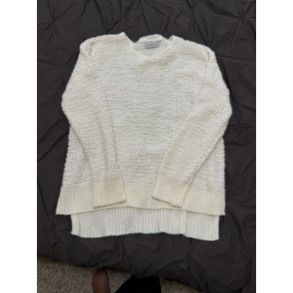 Cream Textured Knit‎ Sweater Long Sleeve Layered Hem Casual Cozy Womens